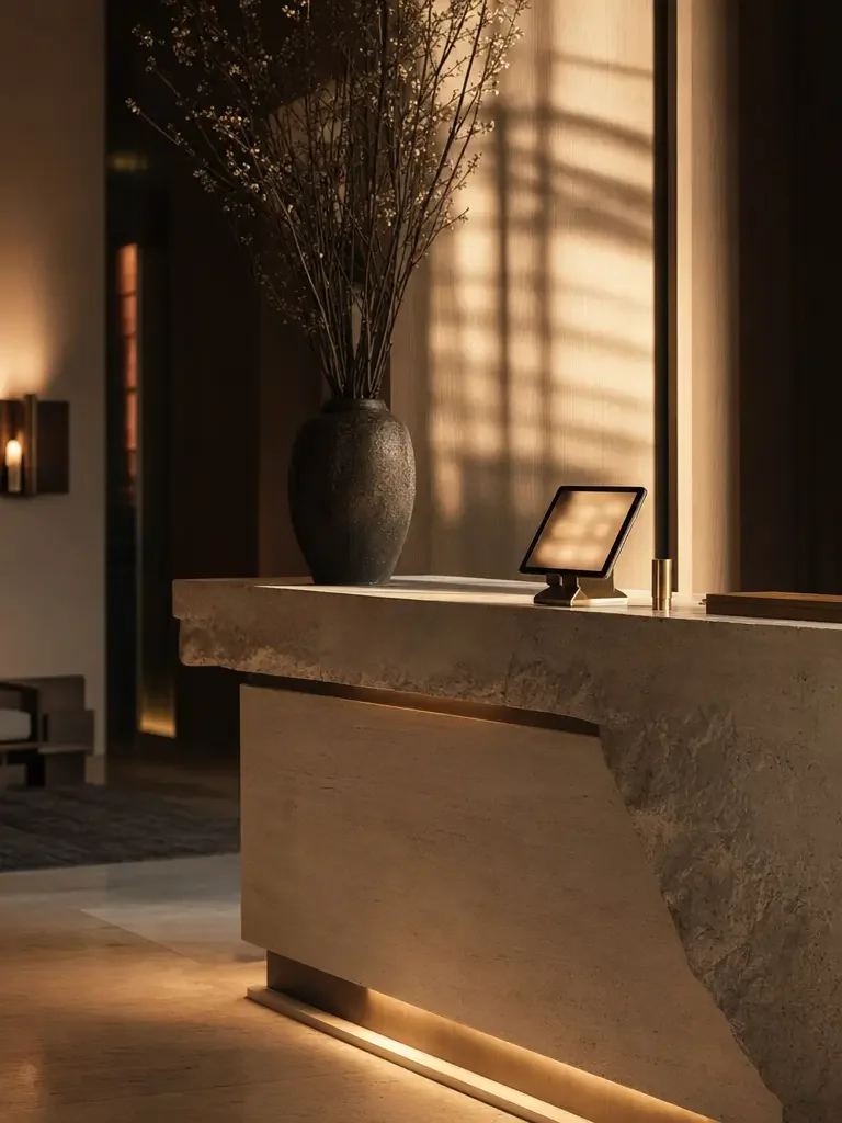 A calm luxury hotel reception desk in daylight with a softly glowing tablet