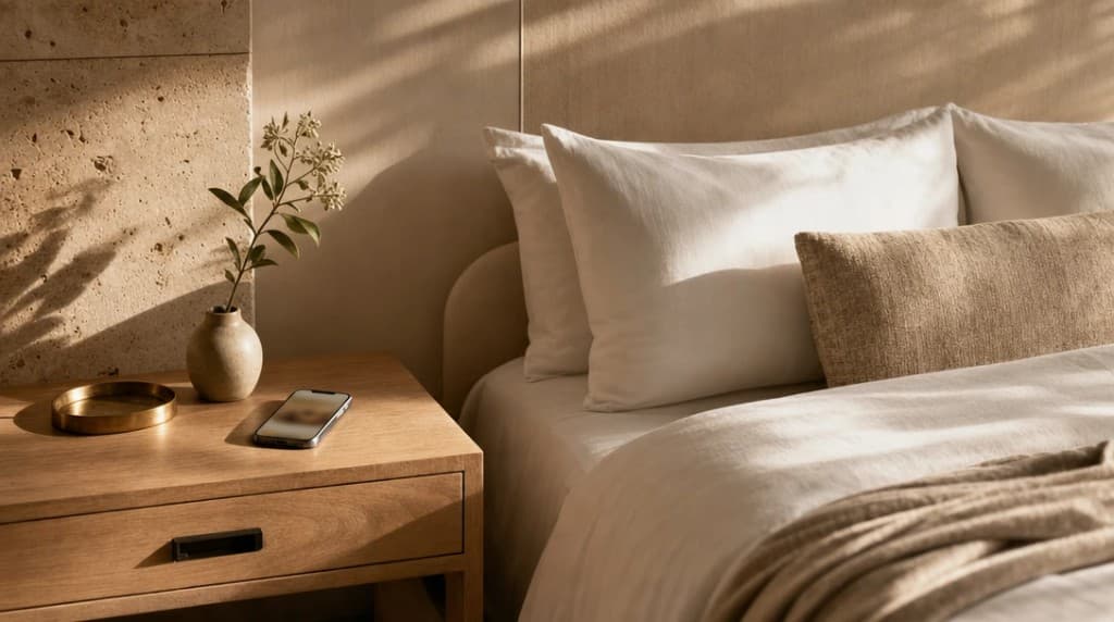 A serene hotel room at morning light with a phone showing a booking confirmation on the nightstand