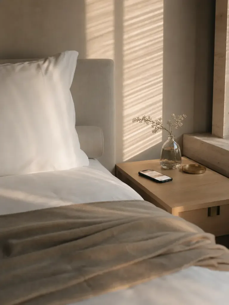 A sunlit hotel suite at morning with a phone on the nightstand showing a booking reply