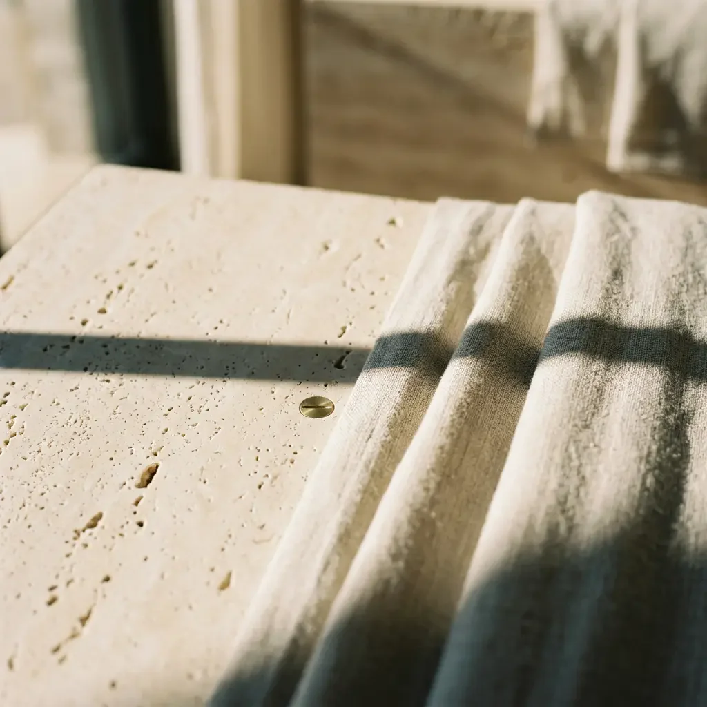 Folded linen resting on travertine stone in soft, warm light