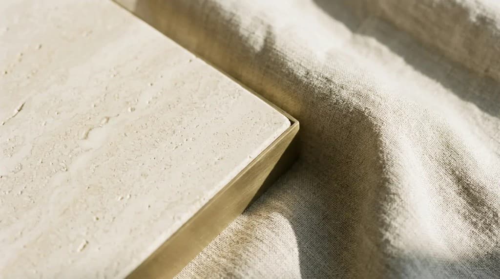 A close study of travertine stone and natural linen in warm light