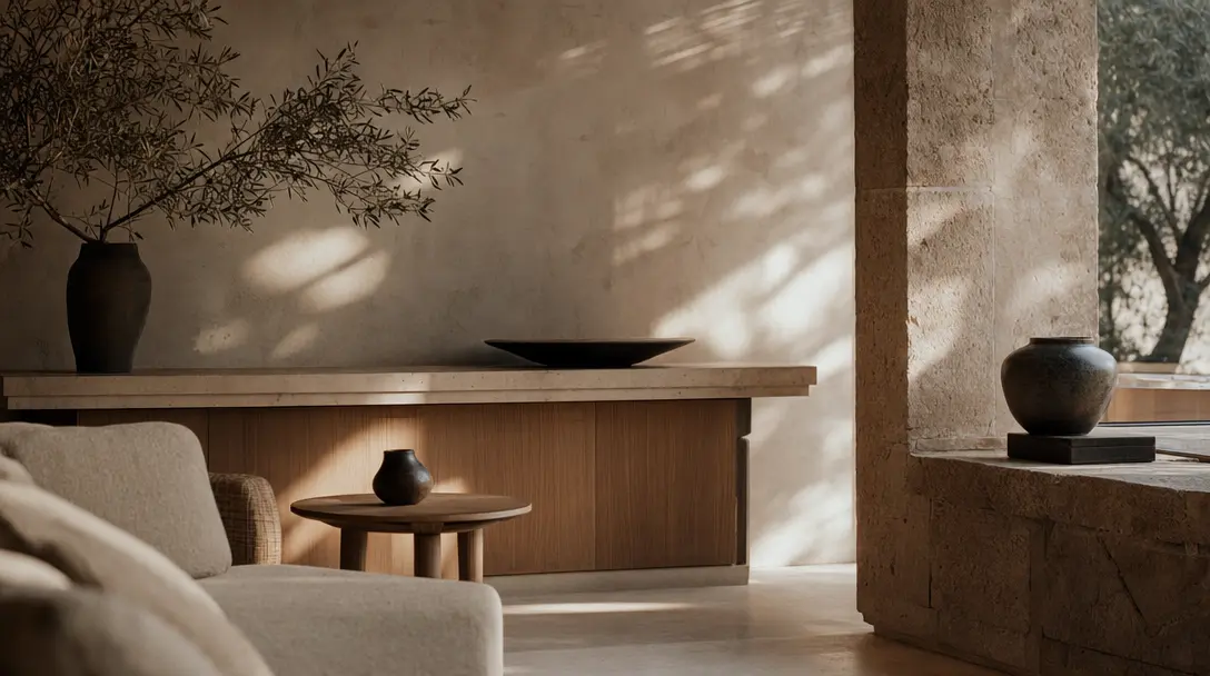 A serene, light-filled luxury living space with soft natural textures and quiet styling