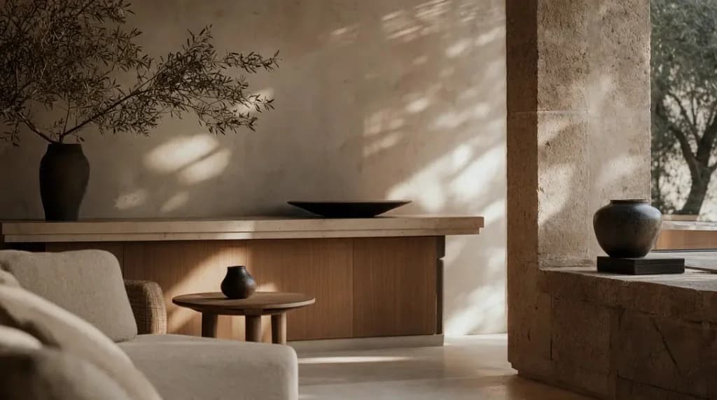 A styled sideboard with bare branches in soft daylight, in a calm boutique interior