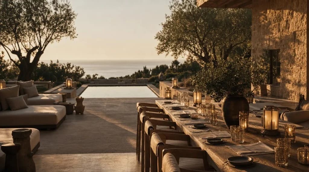 A golden-hour terrace overlooking the sea, set for an intimate dinner