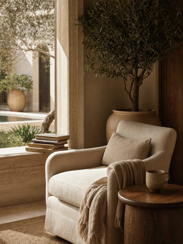 An intimate boutique-hotel reading nook with a linen armchair, books, and an olive tree in warm light