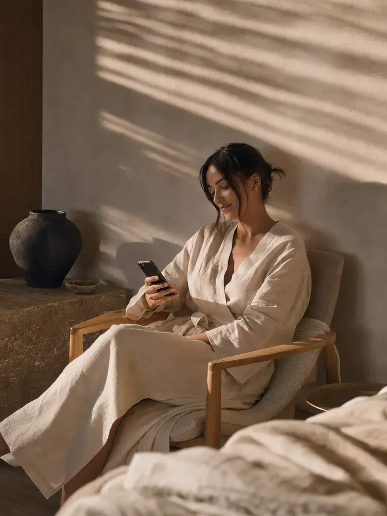 A serene luxury hotel suite with linen robes laid out in soft, warm light