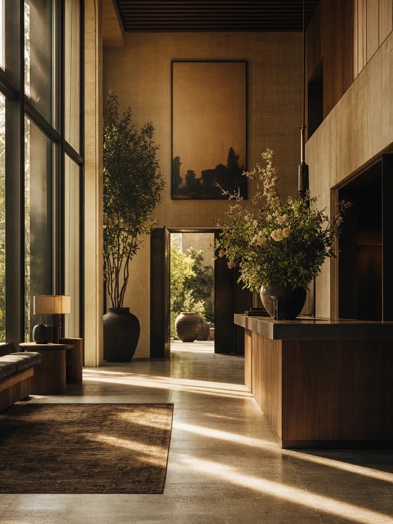 A warm double-height hotel lobby at golden hour with a flower-topped reception desk