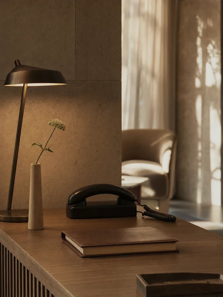A tidy reservations desk at dawn with a telephone, a single stem in a vase, and a leather ledger