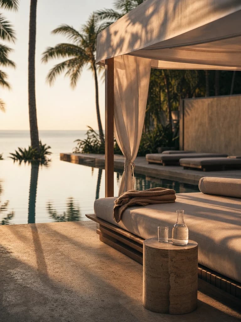 A resort poolside cabana with a linen daybed beside a still infinity pool at golden hour