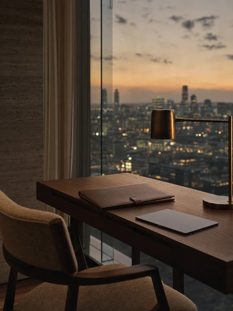 A writing desk by a suite window overlooking a city skyline at dusk, with a brass lamp