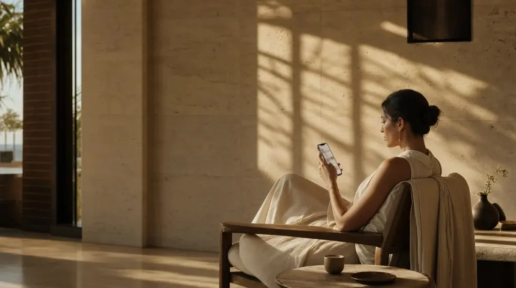 A guest unwinding in a sunlit luxury hotel lounge at golden hour, phone in hand