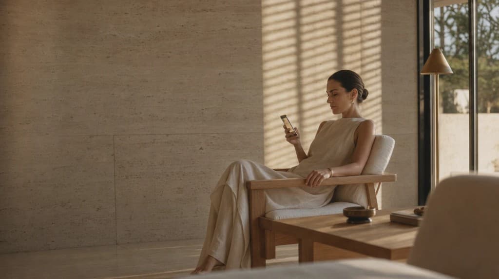 A guest relaxing in a sunlit luxury hotel lounge, messaging the front desk